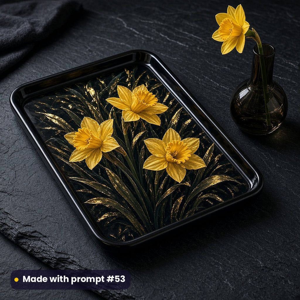 Black lacquer tray printed with glowing yellow daffodils and gold-edged leaves on near-black, on a slate counter beside a single daffodil, made with prompt #53