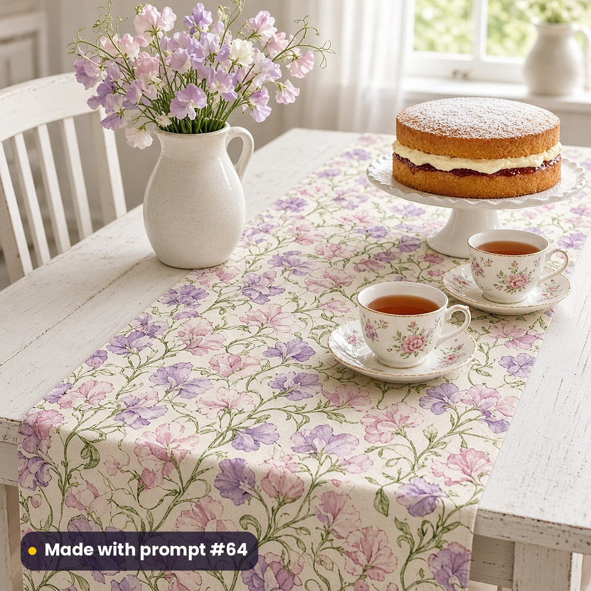 Table runner printed with climbing sweet peas in blush, lilac and cream, on a white farmhouse table with a Victoria sponge, teacups and sweet peas, made with prompt #64