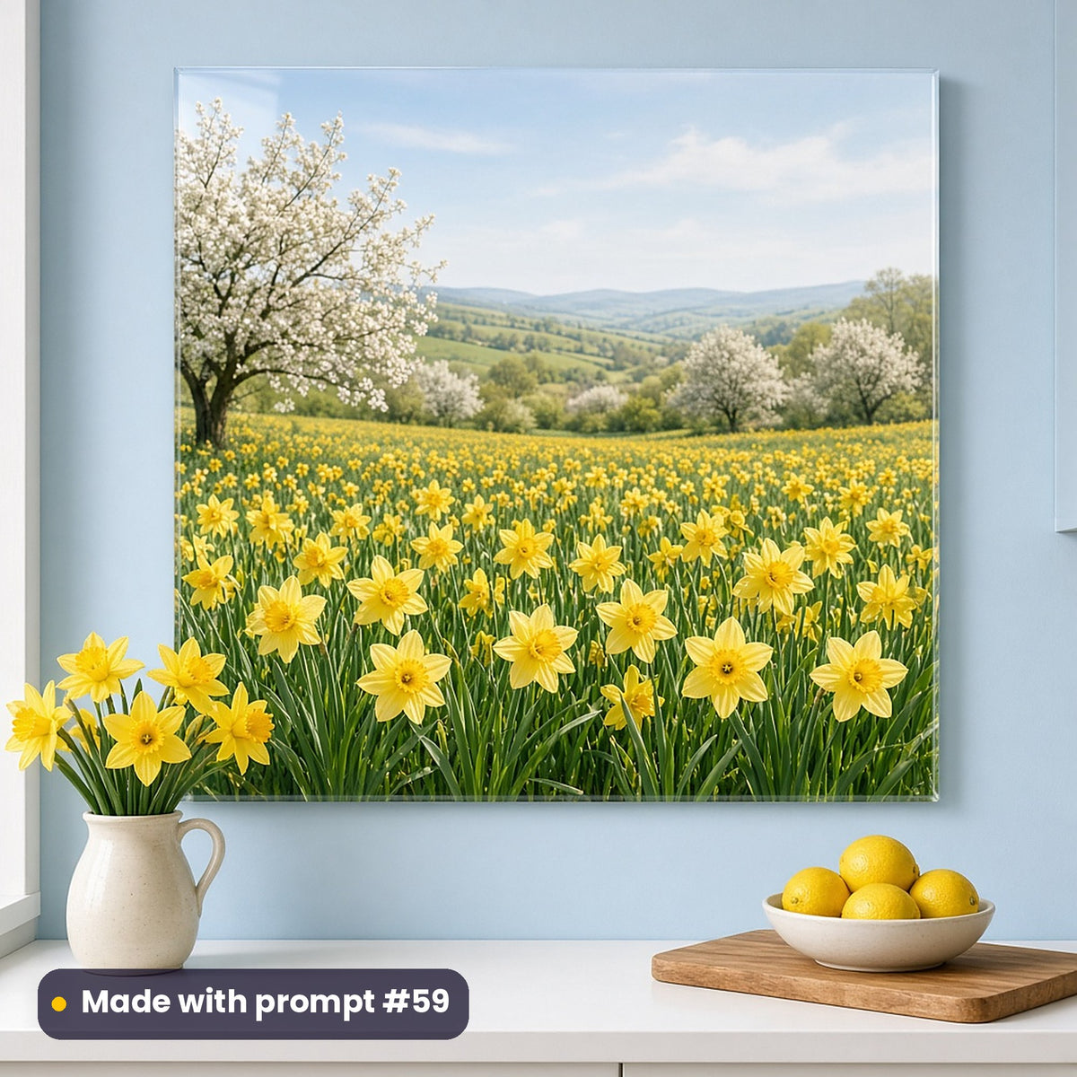 Wall art of a full scenic spring meadow of daffodils under a pale blue sky with blossom trees, on a pale blue kitchen wall above daffodils and lemons, made with prompt #59