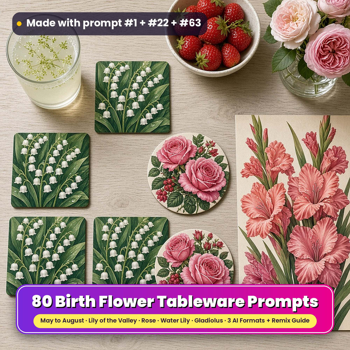 Birth flower tableware on a limewashed oak table: square coasters printed with lily of the valley and dew drops, round coasters printed with pink roses and ruby buds, and a placemat printed with coral and pink gladioli, beside elderflower pressé, strawberries and garden roses, made with prompt #1 + #22 + #63