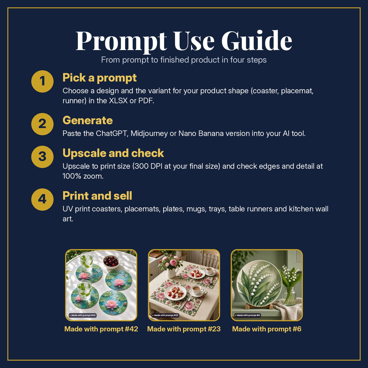 Prompt Use Guide in four steps: pick a prompt, generate, upscale and check, print and sell, with example products made with prompt #42, prompt #23, prompt #6