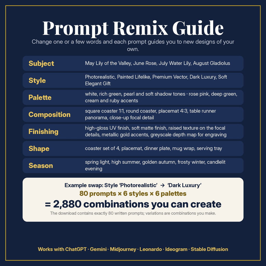 Prompt Remix Guide: change subject, style, palette, composition, finishing, shape and season; 80 prompts × 6 styles × 6 palettes = 2,880 combinations you can create