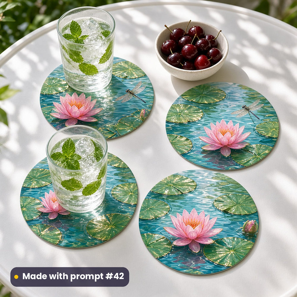 Four round coasters printed with pink water lilies on an aqua pond with lily pads and a dragonfly, with iced mint water and cherries on a white terrace table, made with prompt #42