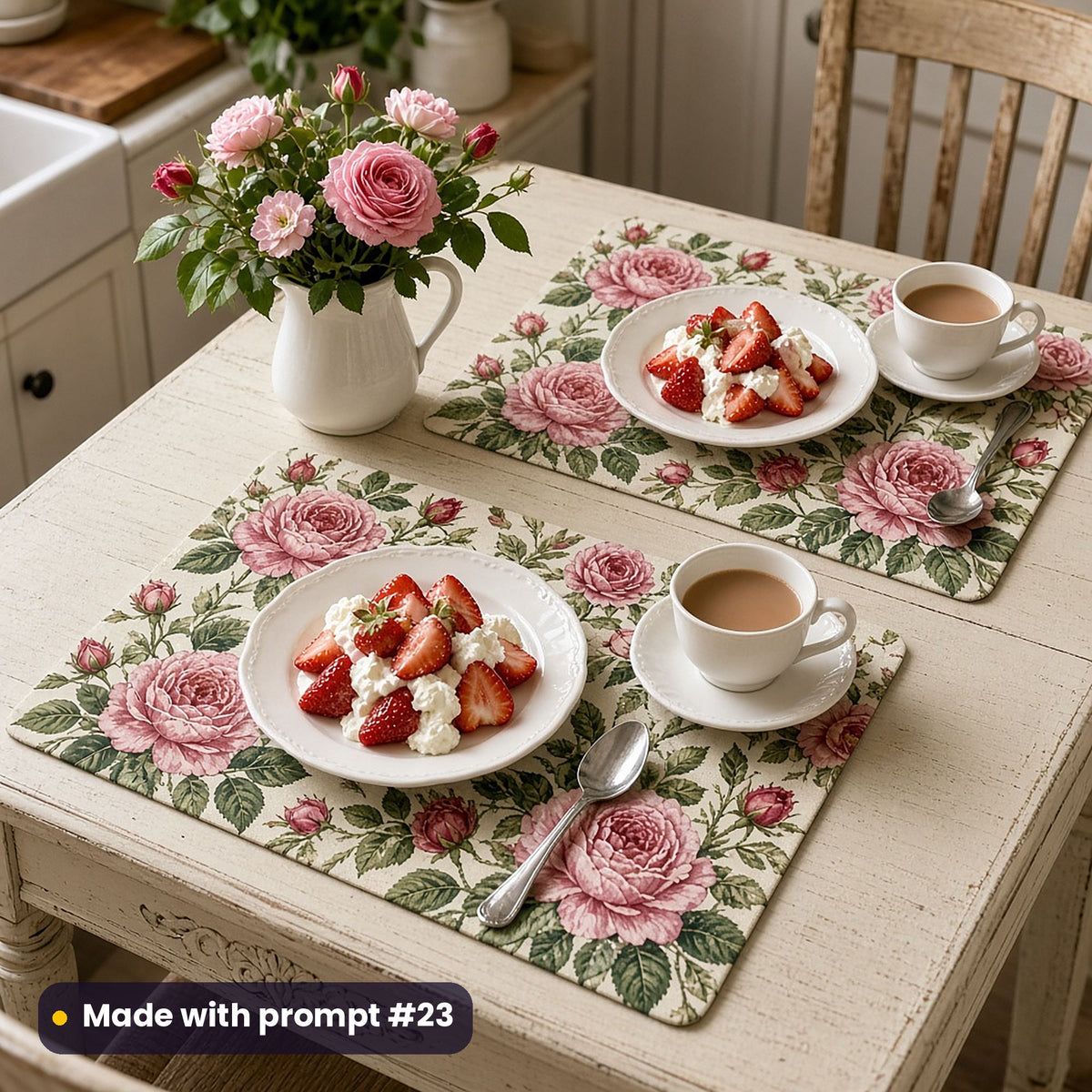 Two placemats printed with pink roses in several stages of bloom on cream, set with strawberries and cream and tea on a painted country table, made with prompt #23