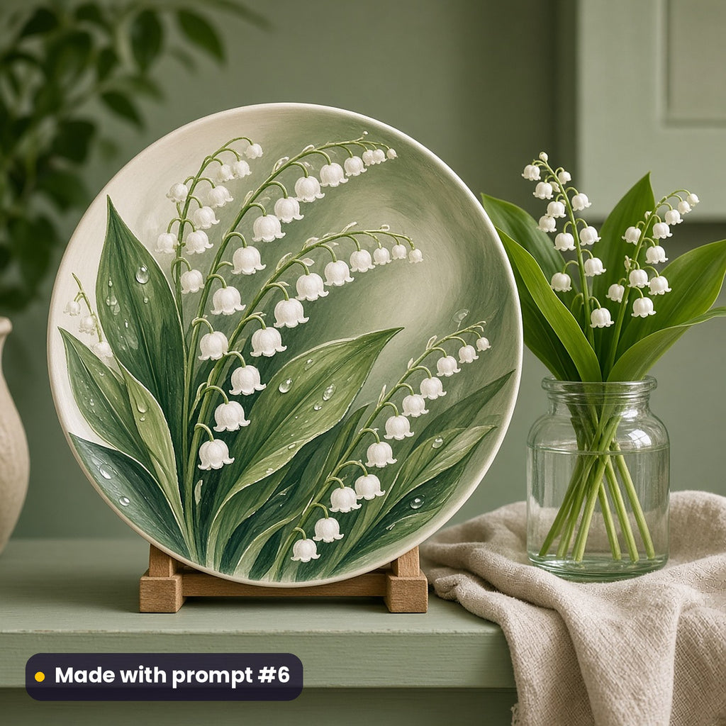 Round plate painted with arching lily of the valley sprays, rich green leaves and dew drops, on a stand on a green shelf beside a jar of lily of the valley, made with prompt #6