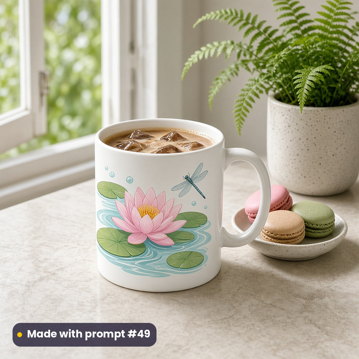 White mug with a premium vector illustration of a pink water lily, lily pads, ripples and a dragonfly, holding iced coffee beside macarons and a fern, made with prompt #49