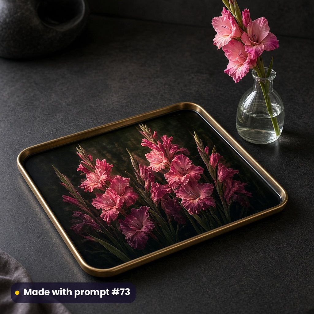 Brass-rimmed tray printed with dark luxury pink gladioli glowing against near-black, on a charcoal counter beside a single gladiolus stem, made with prompt #73