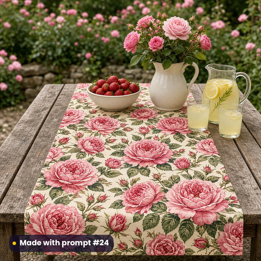 Table runner printed with pink roses in full bloom on cream, on a garden table with roses, strawberries and lemonade, made with prompt #24