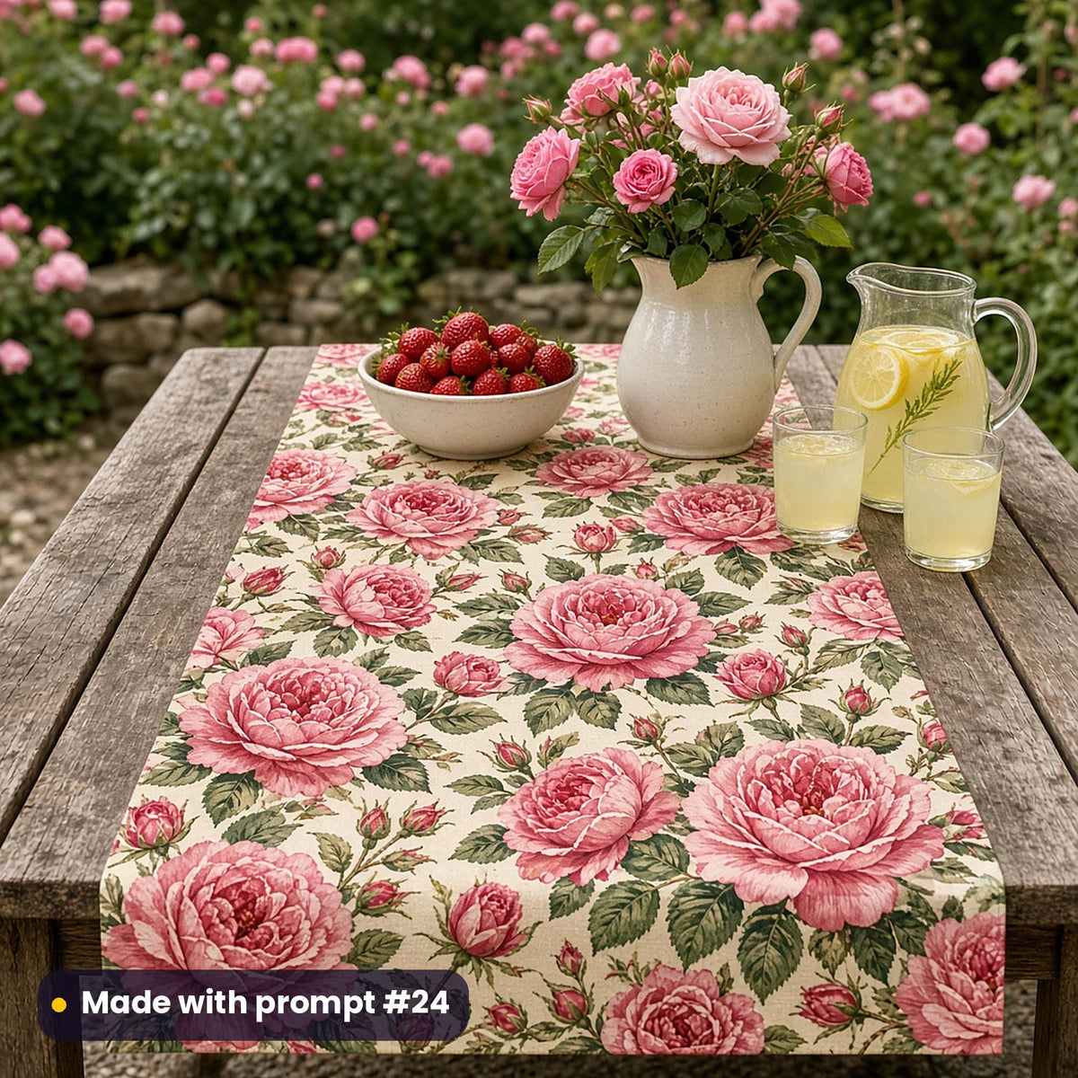 Table runner printed with pink roses in full bloom on cream, on a garden table with roses, strawberries and lemonade, made with prompt #24