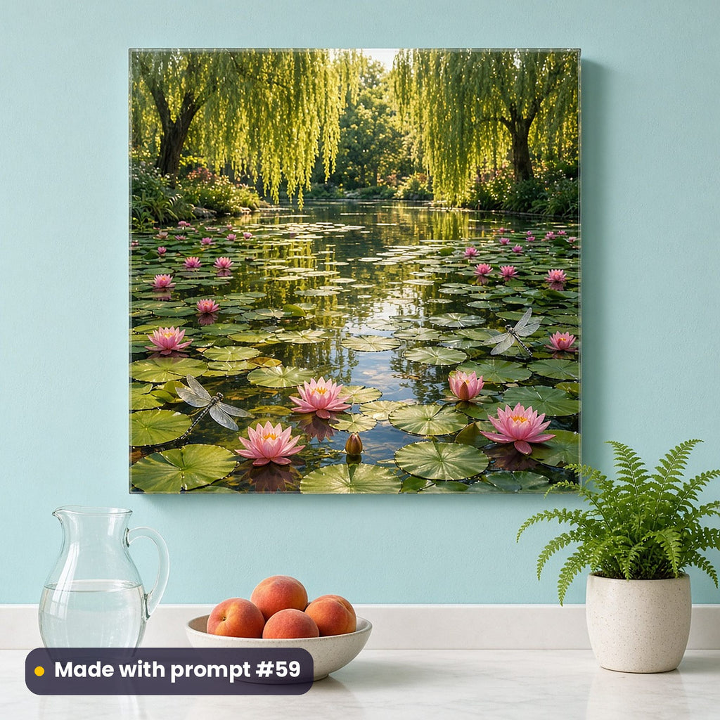 Wall art of a full scenic pond of pink water lilies with dragonflies and willow reflections, on an aqua kitchen wall above peaches and a water jug, made with prompt #59