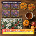 Birth flower tableware on a walnut table: square coasters printed with purple, pink and blue asters, round coasters printed with golden and orange marigolds, and a placemat printed with white narcissus, holly and red berries, beside spiced tea, a small pumpkin and apples, made with prompt #1 + #22 + #63
