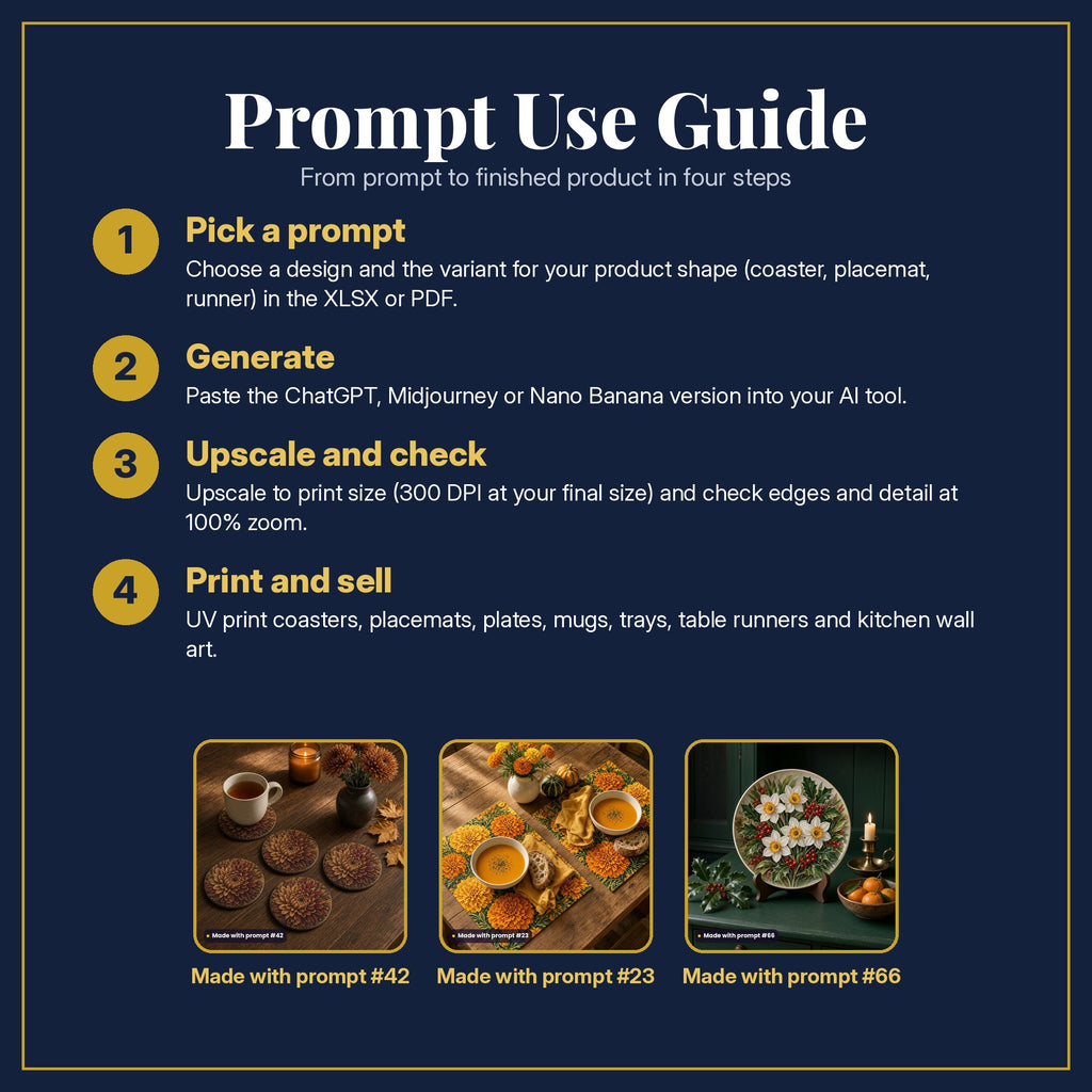 Prompt Use Guide in four steps: pick a prompt, generate, upscale and check, print and sell, with example products made with prompt #42, prompt #23, prompt #66