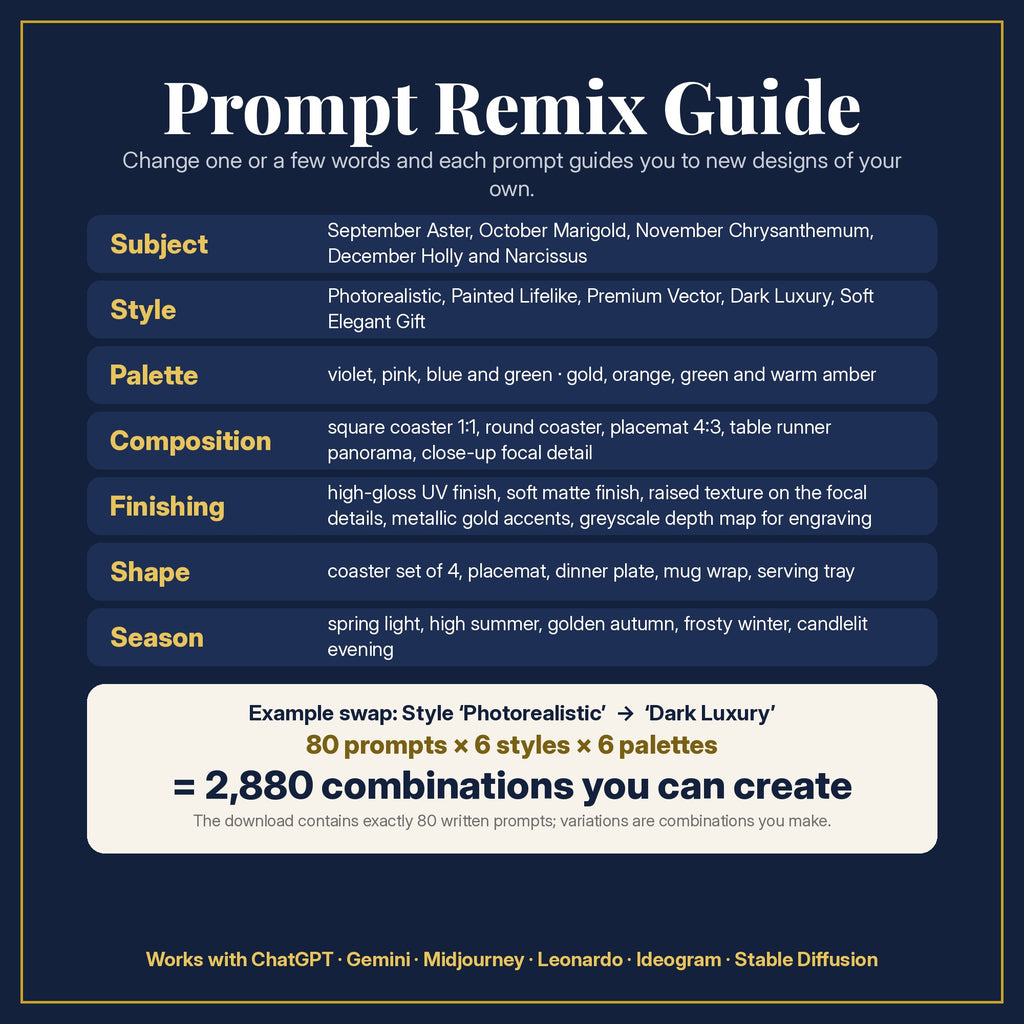 Prompt Remix Guide: change subject, style, palette, composition, finishing, shape and season; 80 prompts × 6 styles × 6 palettes = 2,880 combinations you can create