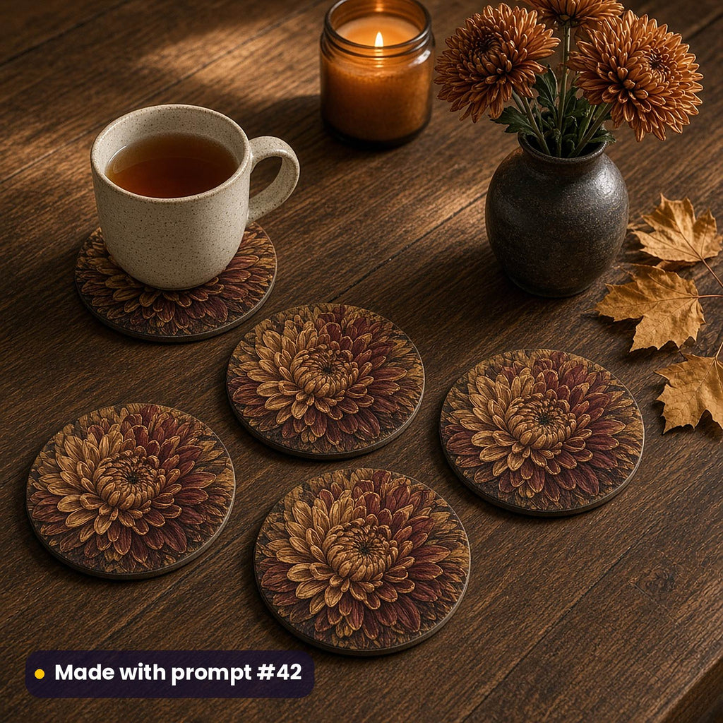 Four round coasters printed with dense bronze and burgundy chrysanthemums, with a mug of tea, a candle, chrysanthemums and autumn leaves on a dark oak table, made with prompt #42