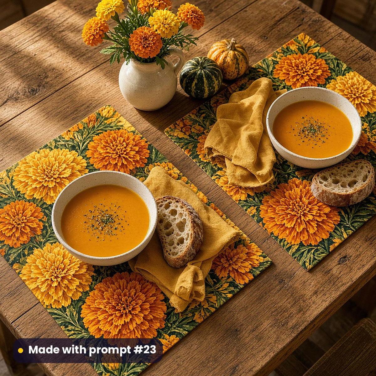 Two placemats printed with golden and orange marigolds in harvest sunlight, set with squash soup, crusty bread and mustard napkins on a pine table, made with prompt #23