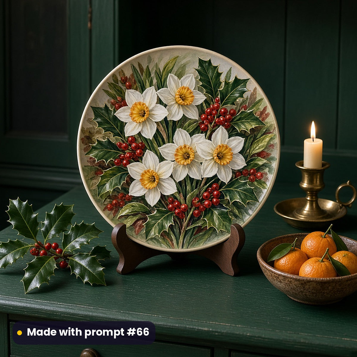 Round plate painted with white narcissus, glossy holly and red berries, on a stand on a green dresser beside holly, a lit candle and clementines, made with prompt #66