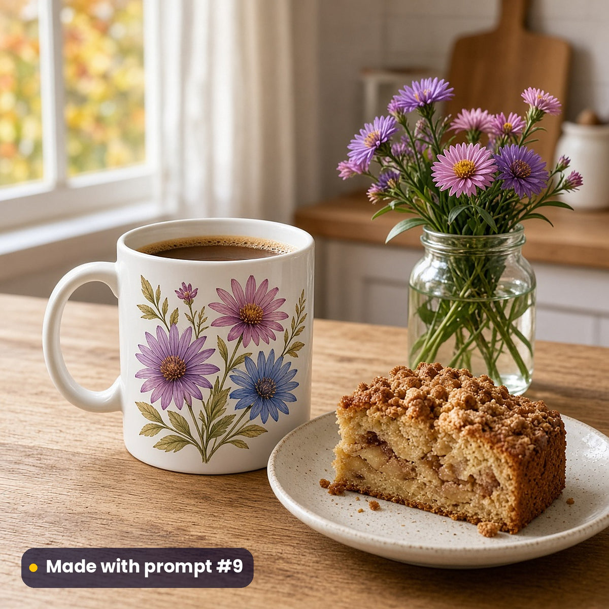 White mug with a premium vector illustration of purple, pink and blue asters, holding coffee beside apple crumble cake and a jar of asters, made with prompt #9