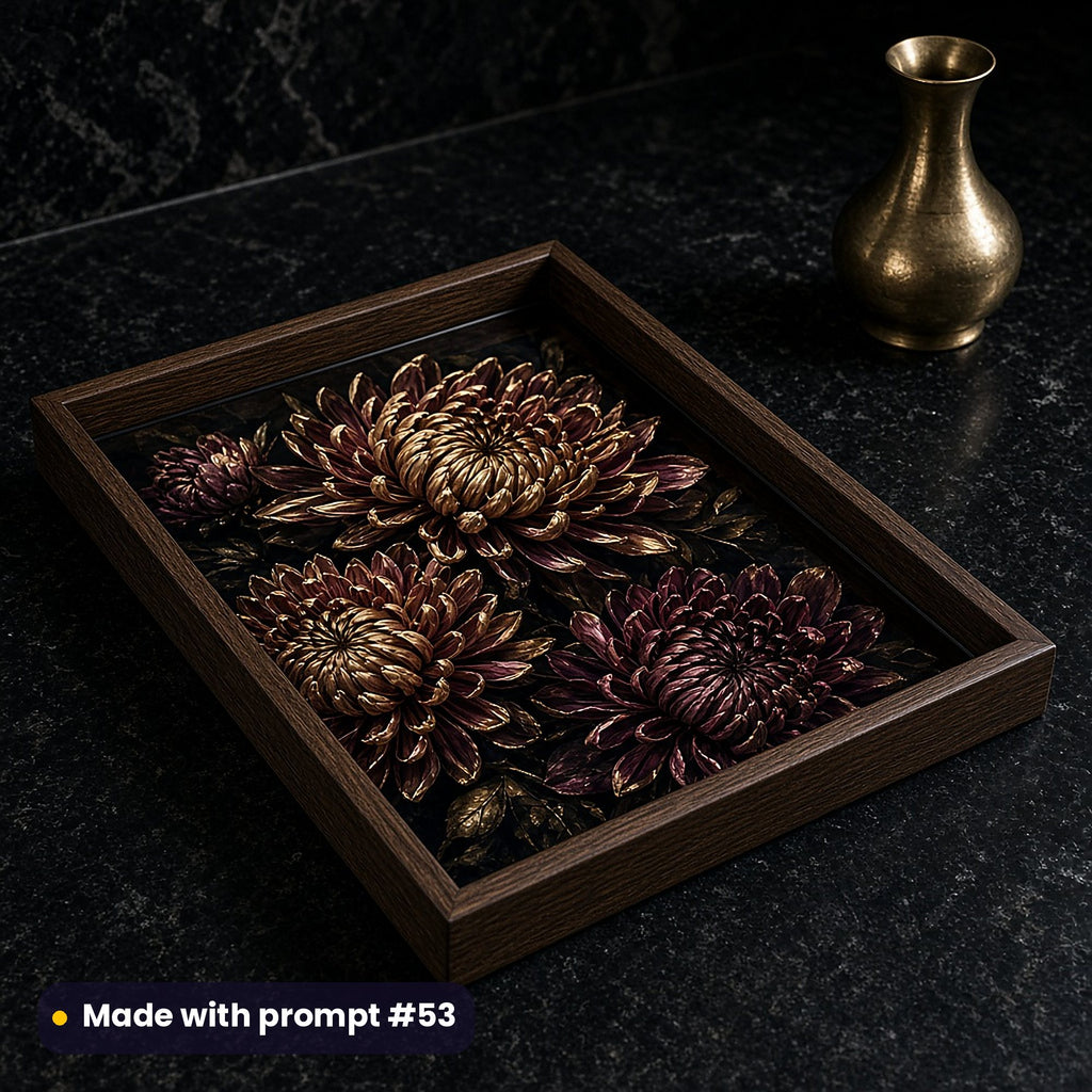 Oak tray printed with dark luxury bronze and burgundy chrysanthemums on near-black, on a black stone counter beside a brass vase, made with prompt #53