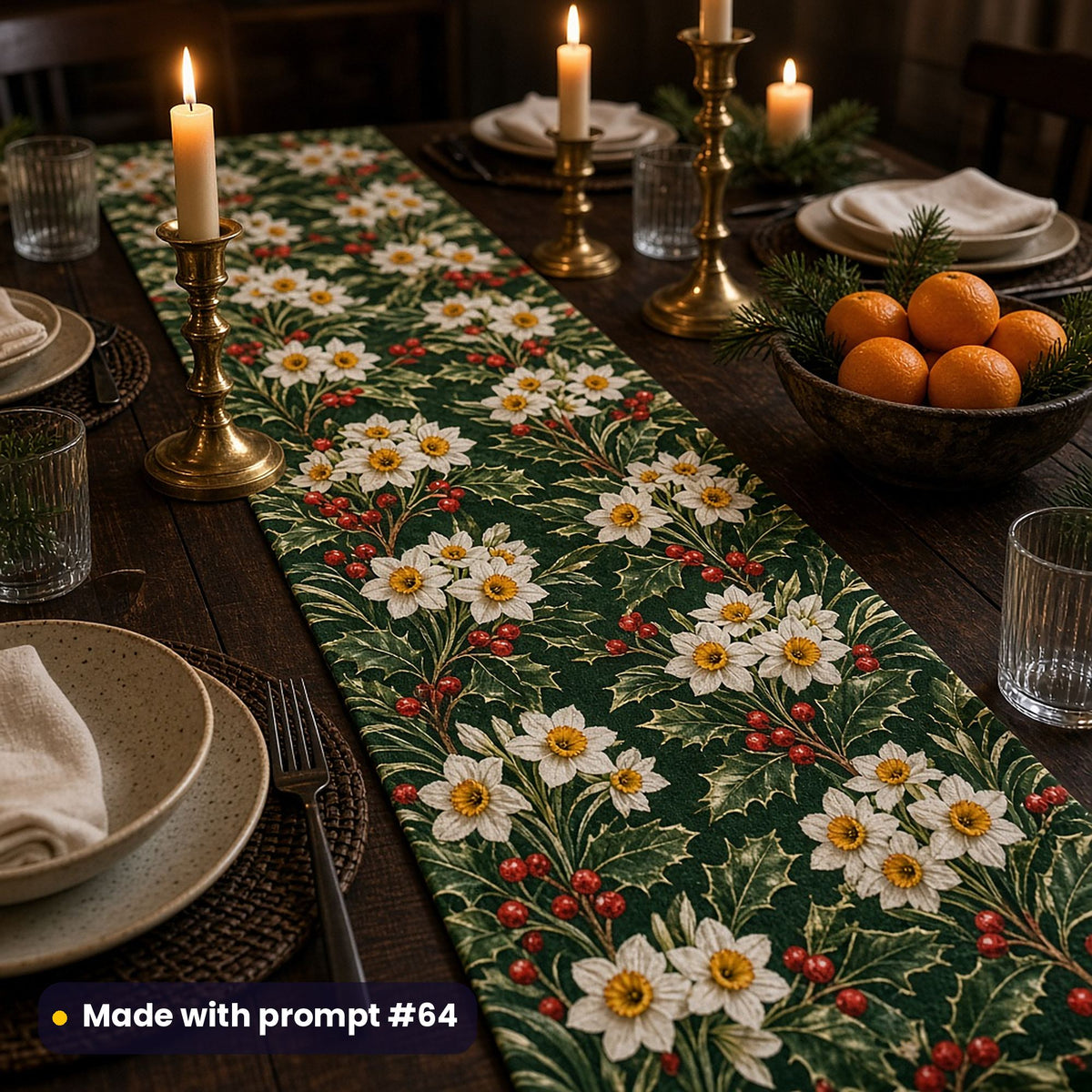 Table runner printed with white narcissus, holly and red berries on deep green, on a candlelit winter supper table with clementines and pine, made with prompt #64