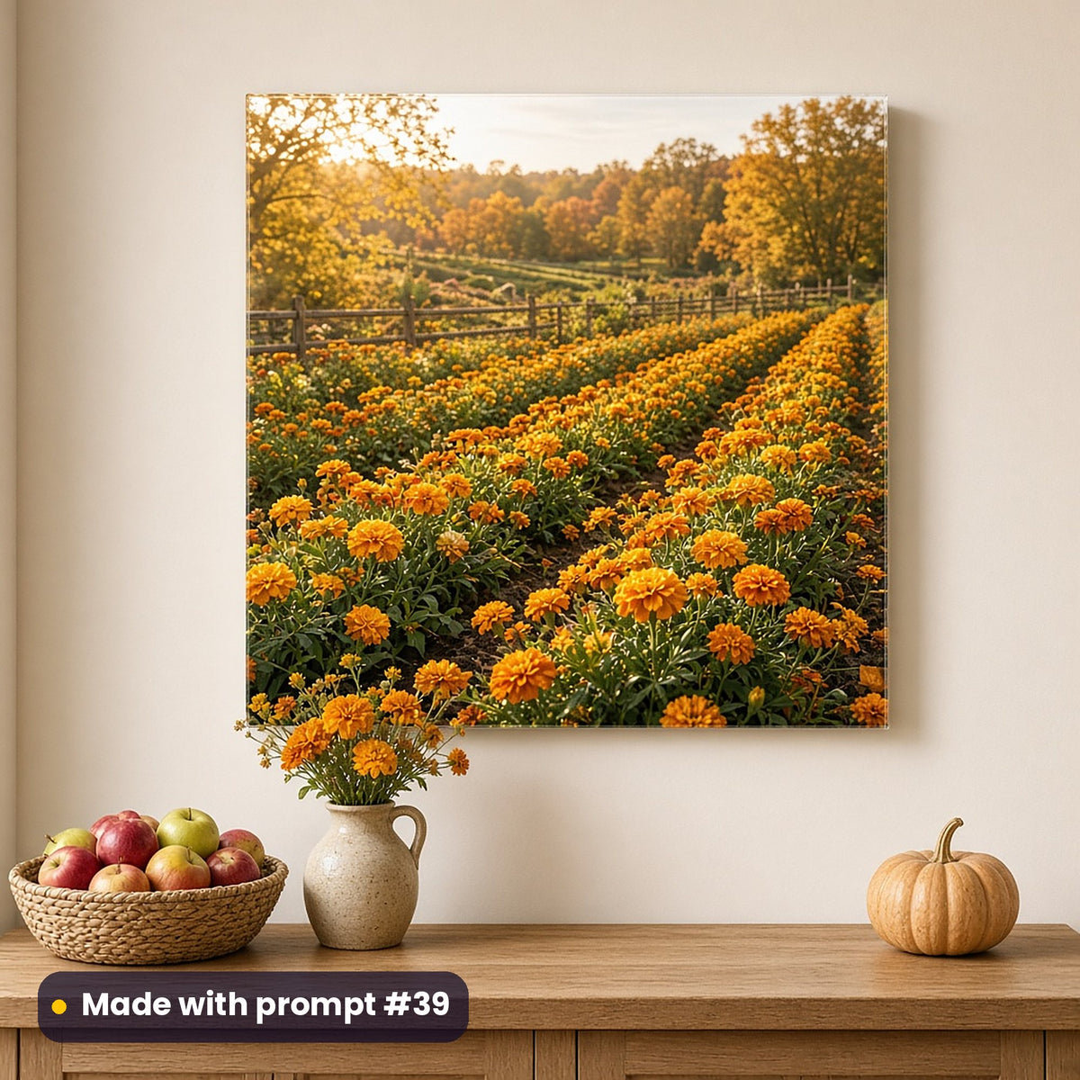 Wall art of a full scenic harvest garden of marigolds in low autumn sun, on a cream kitchen wall above apples, marigolds and a pumpkin, made with prompt #39
