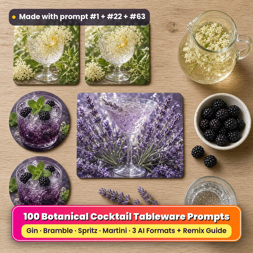 Botanical drinks tableware on an oak table: square coasters printed with an elderflower gin glass among elderflowers, round coasters printed with a blackberry bramble glass, and a placemat printed with a lavender martini, beside an elderflower cordial jug, blackberries and lavender, made with prompt #1 + #22 + #63