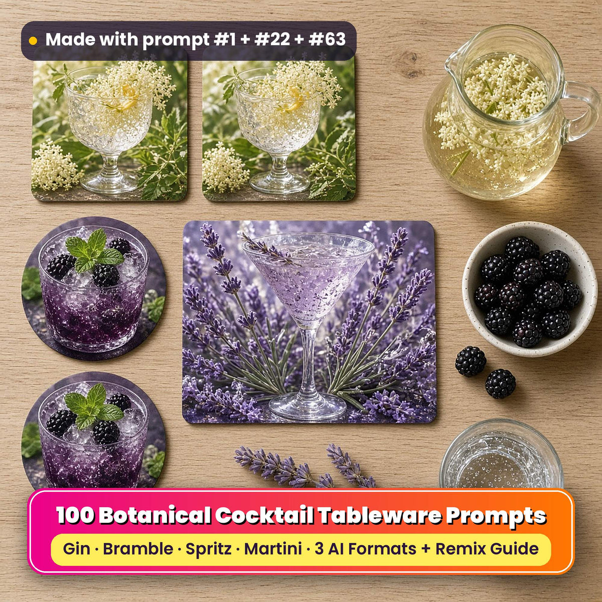 Botanical drinks tableware on an oak table: square coasters printed with an elderflower gin glass among elderflowers, round coasters printed with a blackberry bramble glass, and a placemat printed with a lavender martini, beside an elderflower cordial jug, blackberries and lavender, made with prompt #1 + #22 + #63