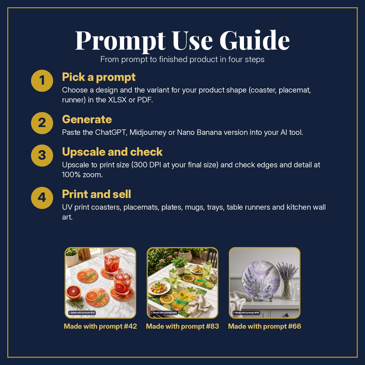 Prompt Use Guide in four steps: pick a prompt, generate, upscale and check, print and sell, with example products made with prompt #42, prompt #83, prompt #66