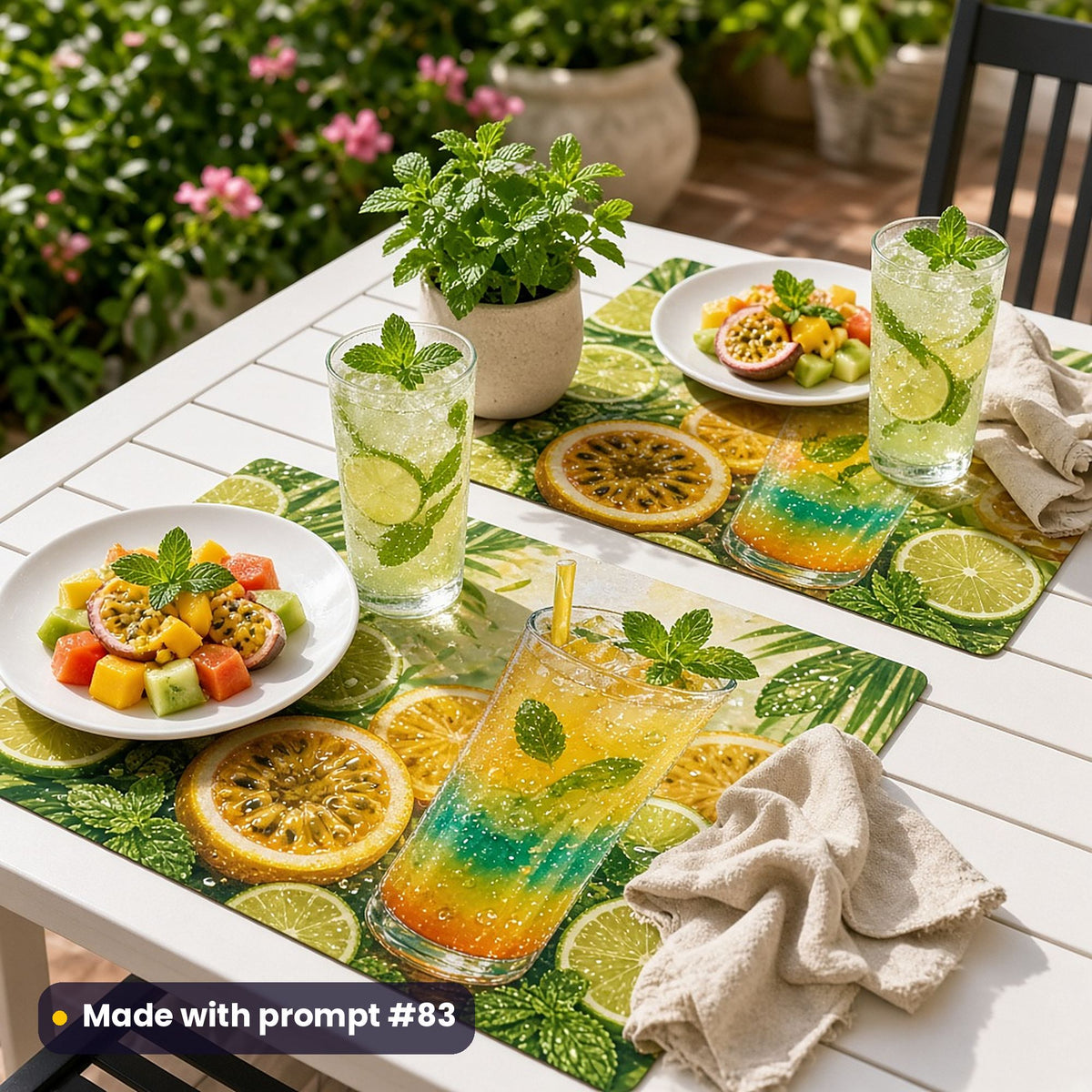 Two placemats printed with a passionfruit, lime and mint drink among tropical leaves, set with fruit salad and lime sodas on a white patio table, made with prompt #83