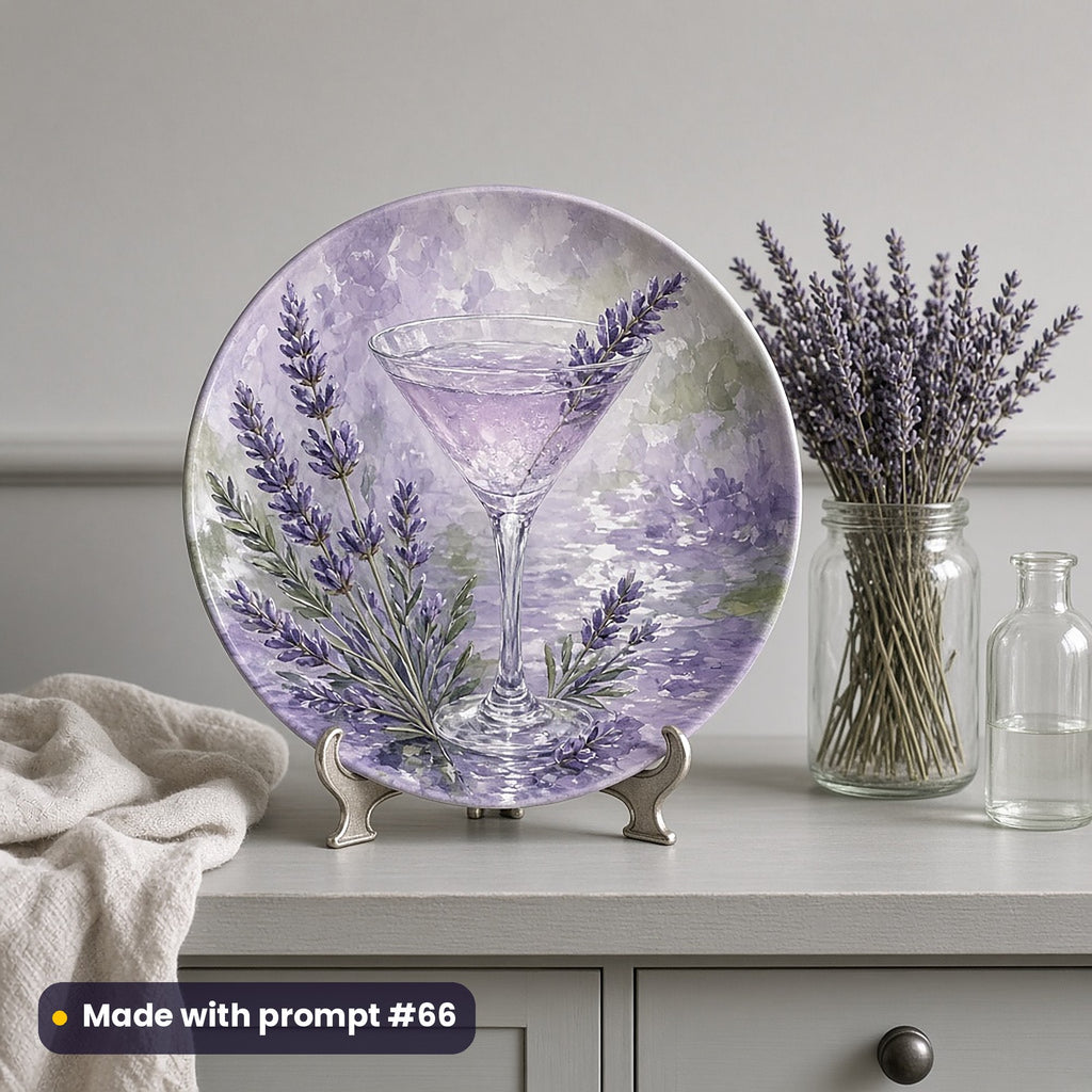 Round plate painted with a lavender martini glass among lavender sprigs in silver and violet, on a stand on a grey shelf with dried lavender, made with prompt #66