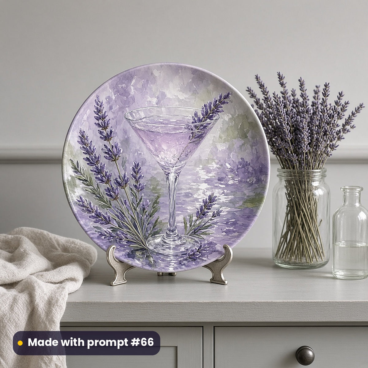 Round plate painted with a lavender martini glass among lavender sprigs in silver and violet, on a stand on a grey shelf with dried lavender, made with prompt #66