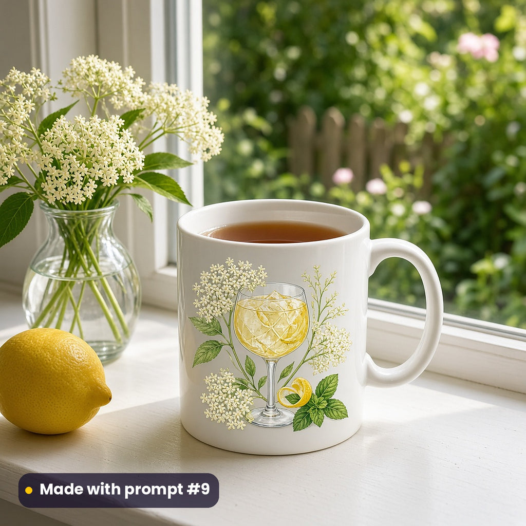 White mug with a premium vector illustration of an elderflower gin glass with elderflowers and lemon, on a windowsill beside elderflowers and a lemon, made with prompt #9