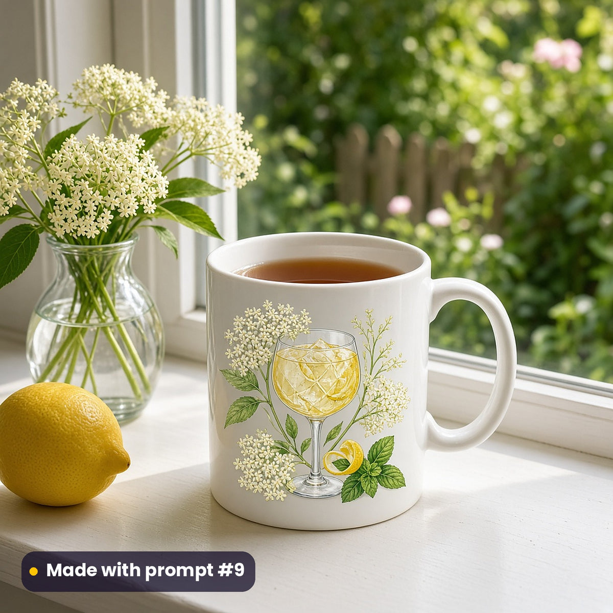 White mug with a premium vector illustration of an elderflower gin glass with elderflowers and lemon, on a windowsill beside elderflowers and a lemon, made with prompt #9