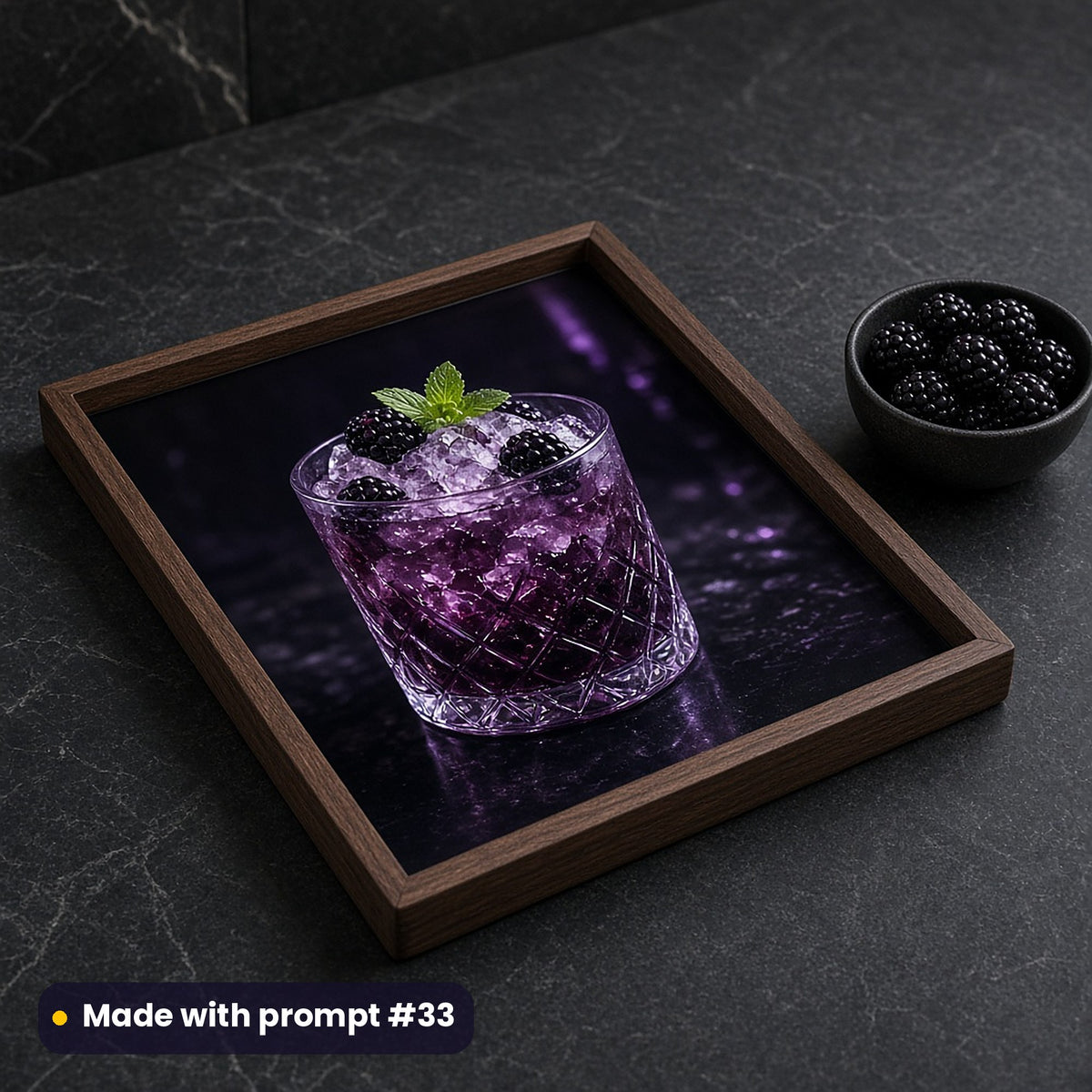 Walnut tray printed with a dark luxury bramble glass and blackberries on near-black, beside a bowl of blackberries on slate, made with prompt #33