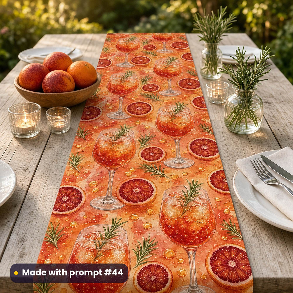 Table runner printed with blood orange spritz glasses, orange slices and rosemary on an outdoor table with blood oranges, rosemary and tea lights, made with prompt #44