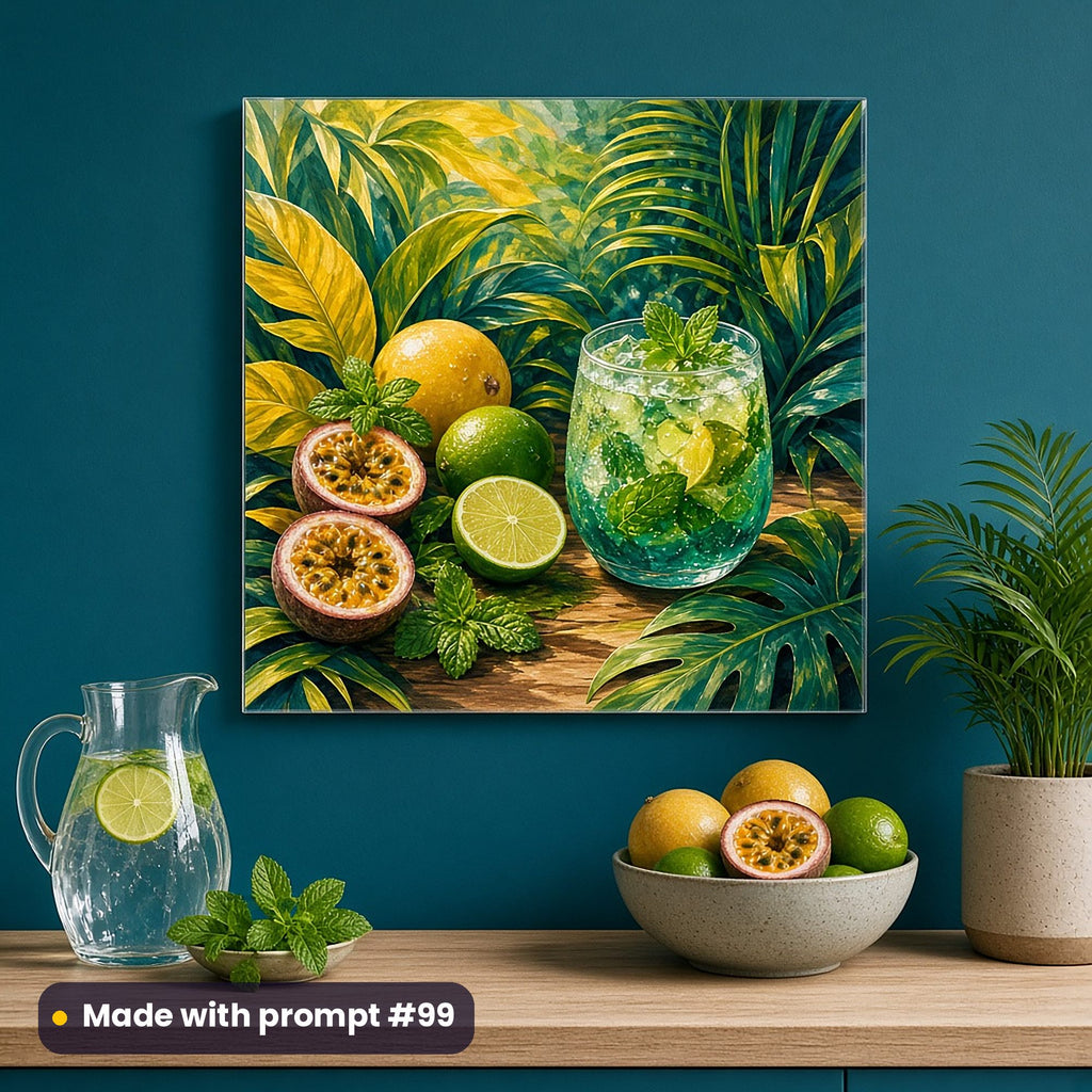 Wall art of a full scenic passionfruit, lime and mint drinks still life among tropical leaves, on a teal kitchen wall, made with prompt #99