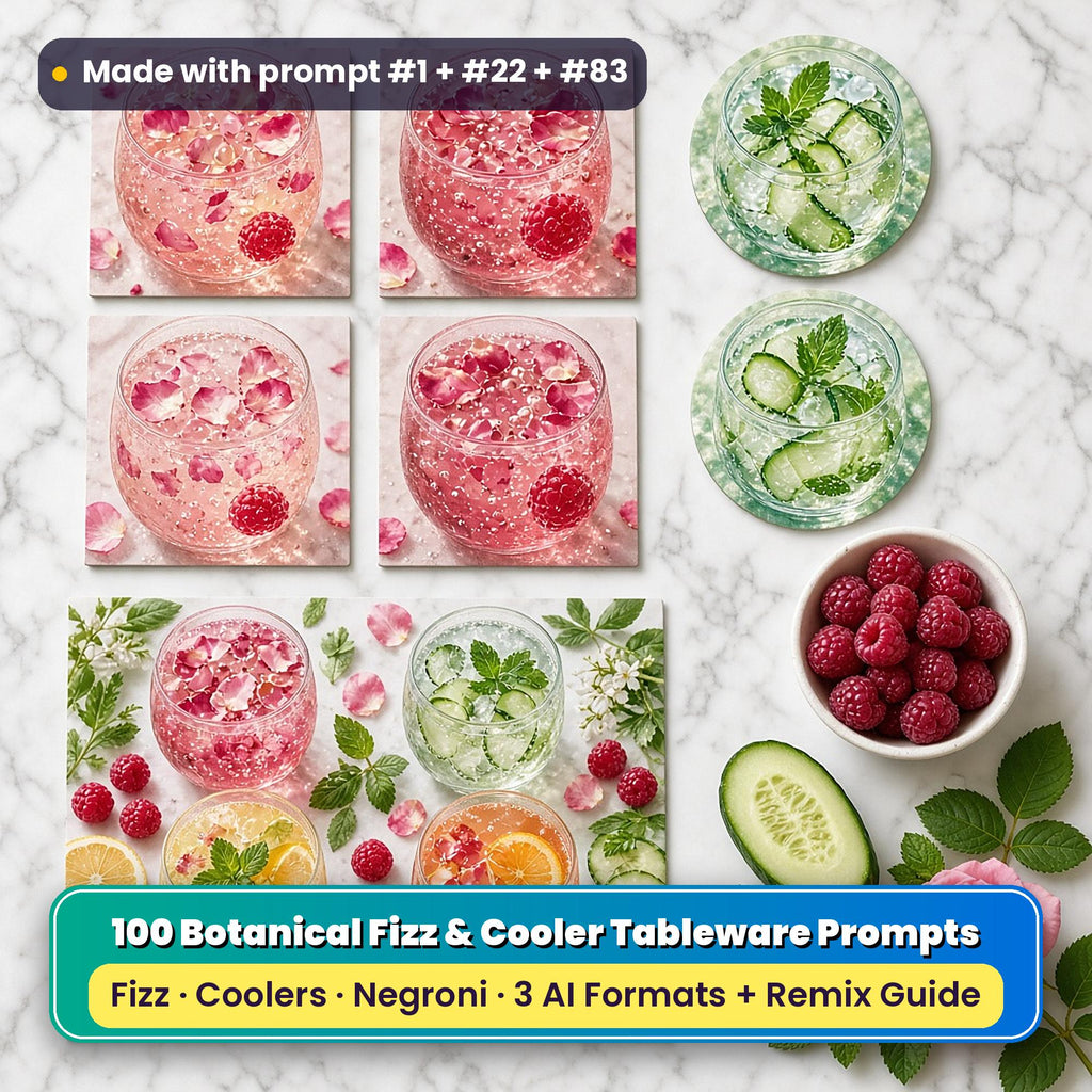 Botanical drinks tableware on marble: square coasters printed with a rose and raspberry fizz, round coasters printed with a cucumber and mint cooler, and a placemat printed with a botanical garden set of jewel-toned drinks, made with prompt #1 + #22 + #83
