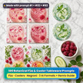 Botanical drinks tableware on marble: square coasters printed with a rose and raspberry fizz, round coasters printed with a cucumber and mint cooler, and a placemat printed with a botanical garden set of jewel-toned drinks, made with prompt #1 + #22 + #83