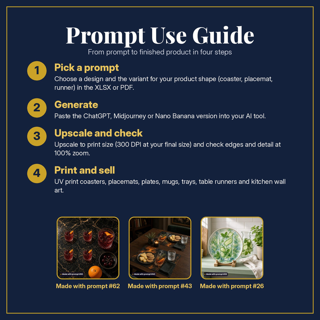 Prompt Use Guide in four steps: pick a prompt, generate, upscale and check, print and sell, with example products made with prompt #62, prompt #43, prompt #26