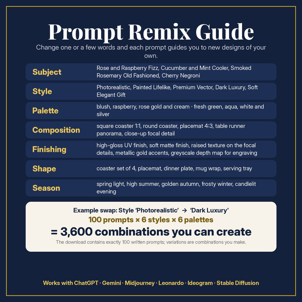 Prompt Remix Guide: change subject, style, palette, composition, finishing, shape and season; 100 prompts × 6 styles × 6 palettes = 3,600 combinations you can create