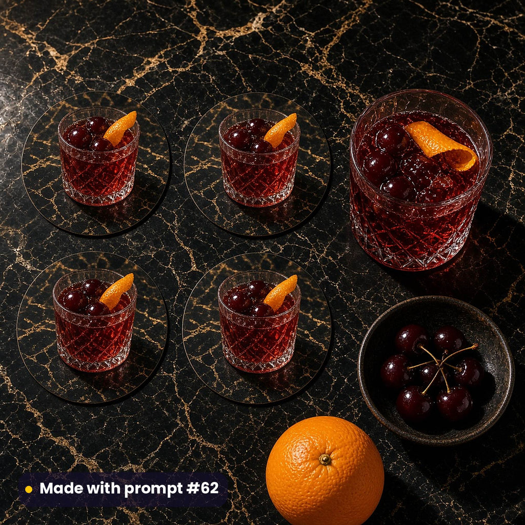 Four round coasters printed with a ruby cherry drink in a cut-glass tumbler with cherries and orange peel on black and gold marble, beside a cherry soda, a bowl of cherries and an orange, made with prompt #62