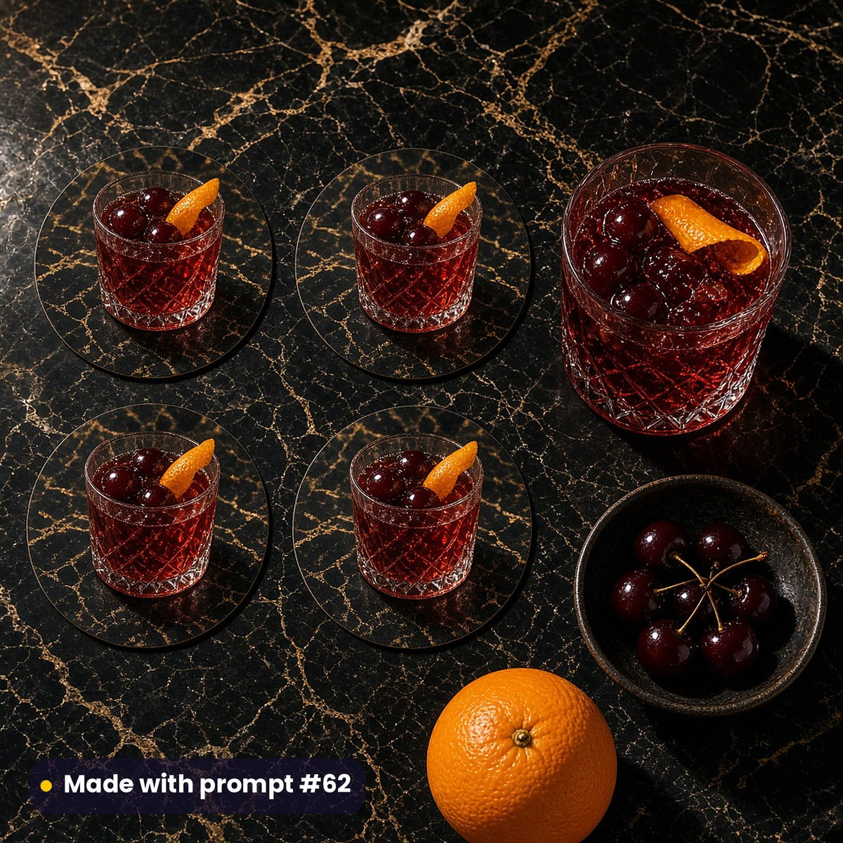 Four round coasters printed with a ruby cherry drink in a cut-glass tumbler with cherries and orange peel on black and gold marble, beside a cherry soda, a bowl of cherries and an orange, made with prompt #62