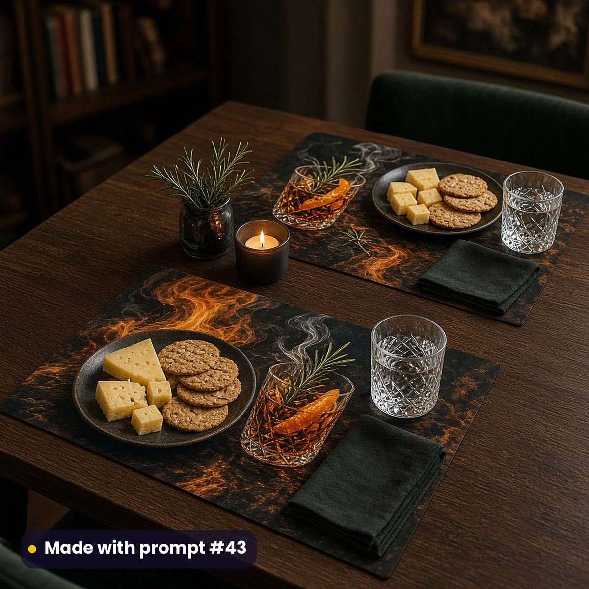 Two placemats printed with a smoked rosemary amber drink, orange peel and rosemary on charcoal, set with cheese and oatcakes, made with prompt #43
