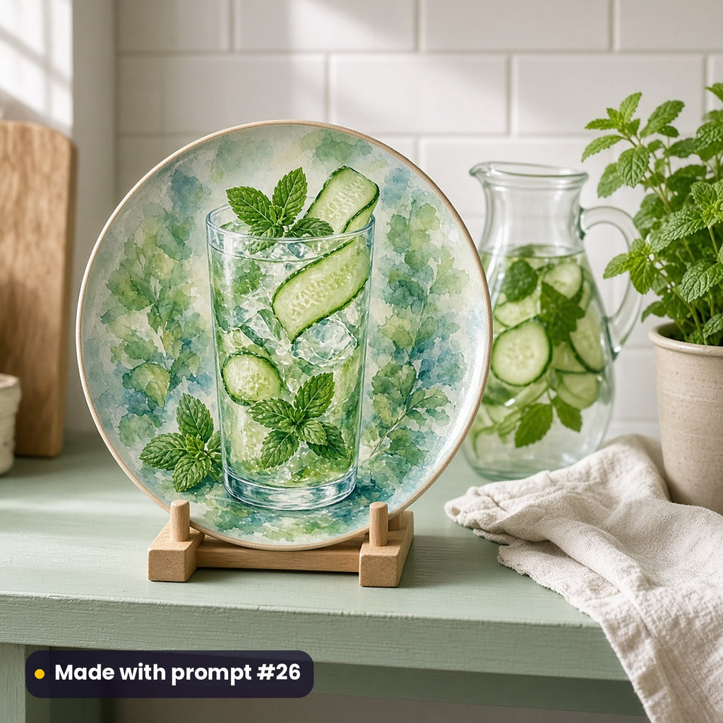 Round plate painted with a cucumber and mint cooler glass with cucumber ribbons and mint, on a green kitchen shelf, made with prompt #26