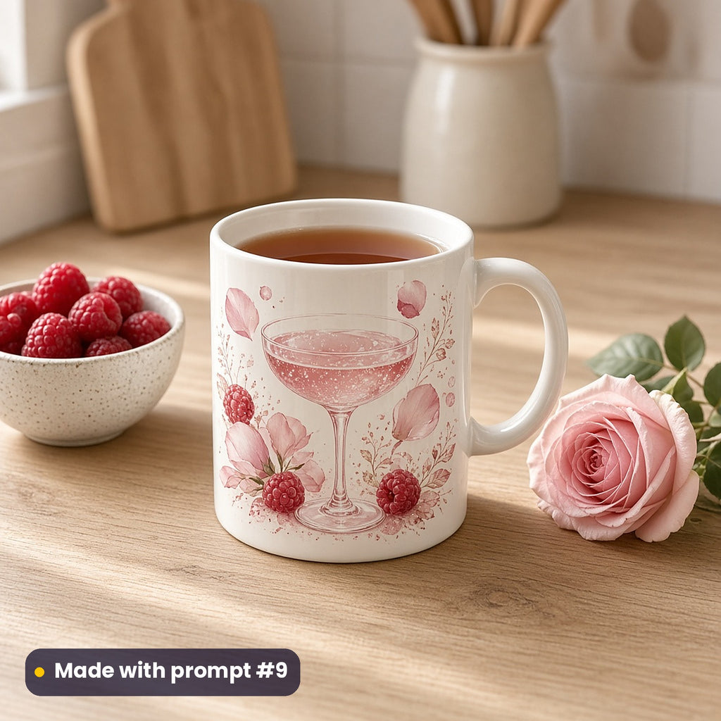 Mug with a premium vector illustration of a rose and raspberry fizz glass with raspberries and rose petals in blush and rose gold, made with prompt #9