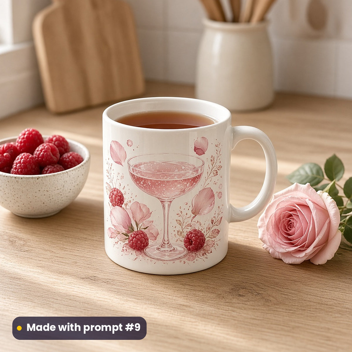 Mug with a premium vector illustration of a rose and raspberry fizz glass with raspberries and rose petals in blush and rose gold, made with prompt #9