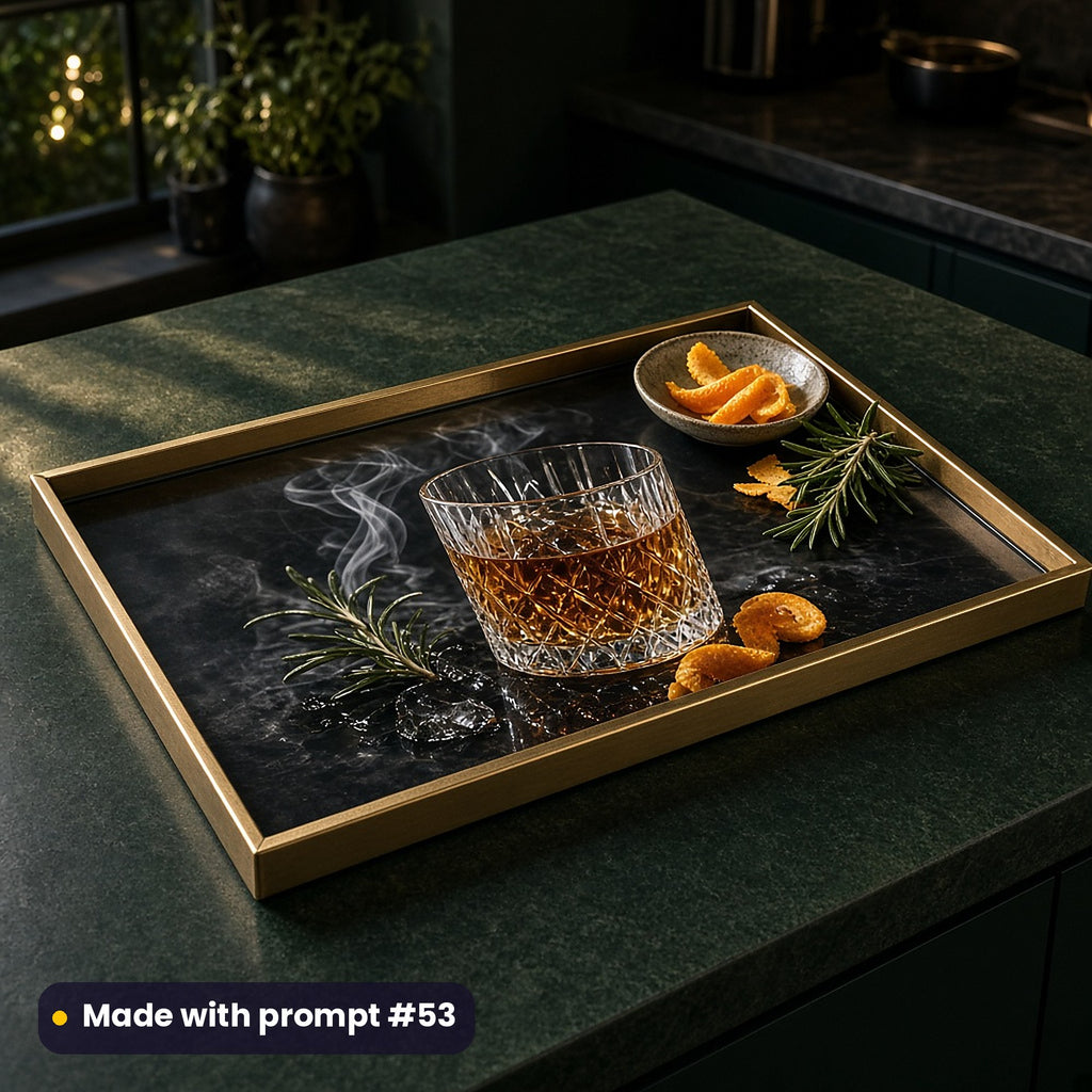 Brass tray printed with a smoked amber tumbler, rosemary and orange peel in dark luxury tones, on a dark counter, made with prompt #53