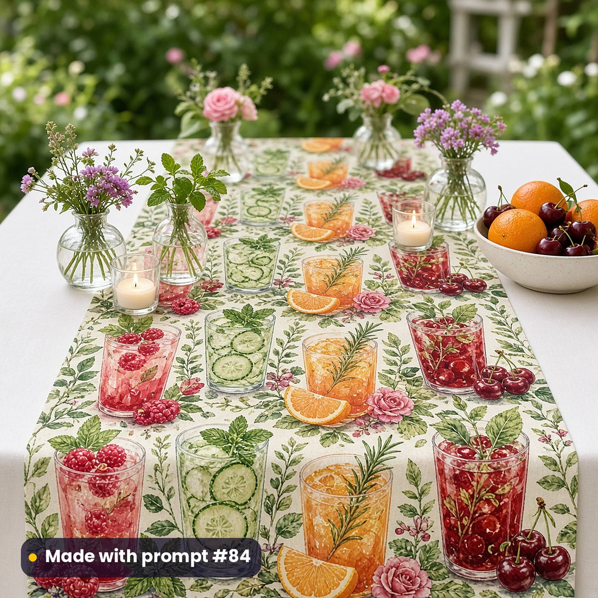 Table runner printed with a botanical pattern of jewel-toned drinks and leaves, on a garden table, made with prompt #84