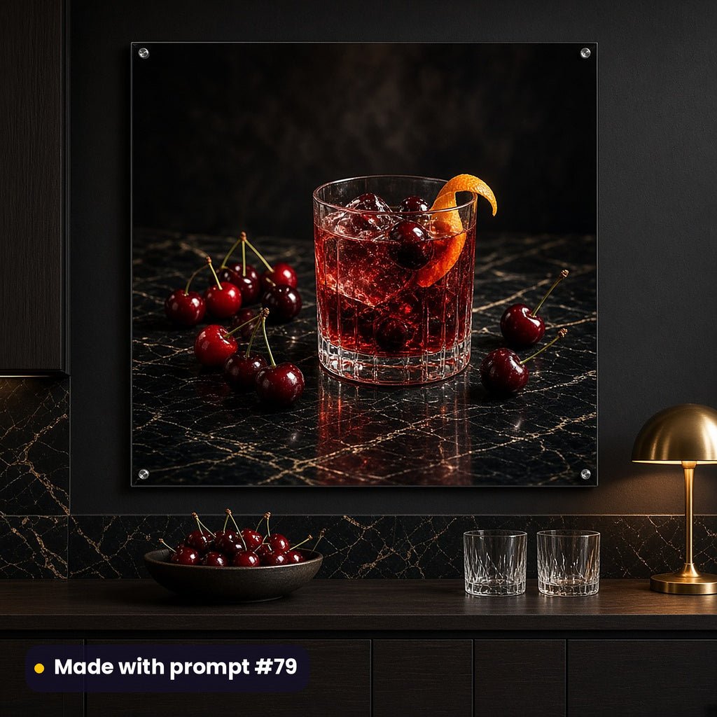 Wall art of a full scenic ruby cherry drink with cherries and orange on black marble, on a charcoal kitchen wall, made with prompt #79