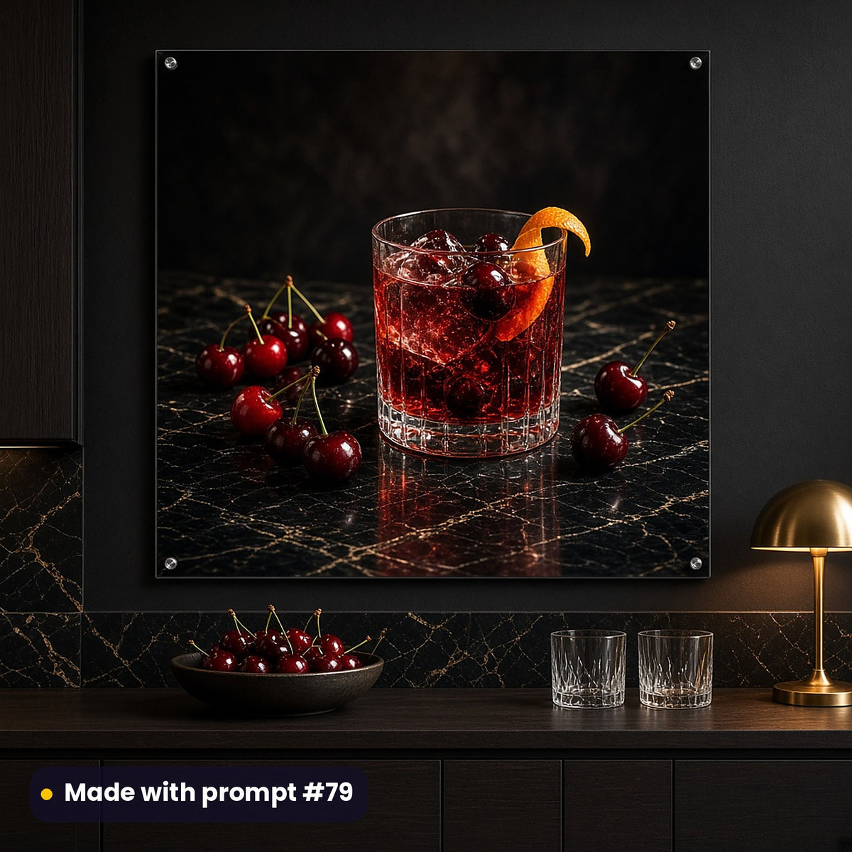 Wall art of a full scenic ruby cherry drink with cherries and orange on black marble, on a charcoal kitchen wall, made with prompt #79