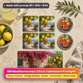 Citrus tableware flat-lay on a sunny limestone table: four square coasters printed with lemons above a sea terrace with blue pots, two round coasters printed with blood oranges and orange blossom, and a placemat printed with a bougainvillea courtyard, with lemonade and a bowl of lemons, made with prompt #1 + #22 + #43